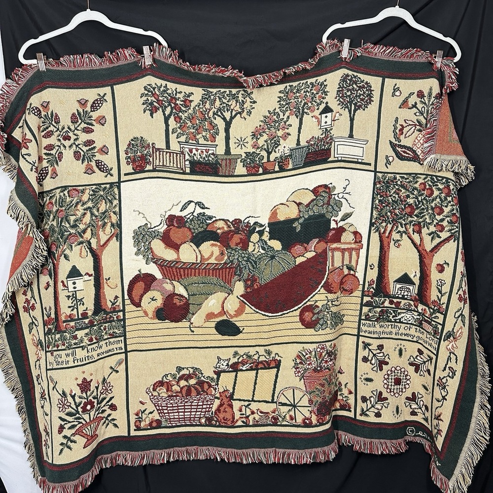 Vintage Goodwin Weavers tapestry throw blanket Gathering 48x67 fruit Cat Trees